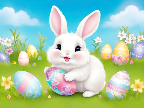 Easter, eggs. Easter cake. Easter rabbit. Easter decoration. Easter abstract blurred background. Holiday, symbol, celebration