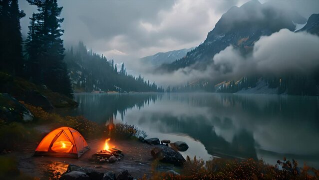 A campfire beneath the serene charm of a lake
