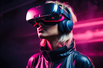 Young woman in virtual reality glasses on the pink neon background.