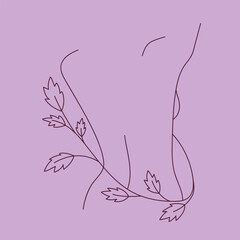 Minimal line drawing of beautiful woman's back with a twig ang leaves. Line style drawing. Elegant drawing of a female body.