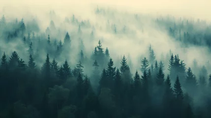 Papier Peint photo Lavable Forêt dans le brouillard fog in the mountains, generative ai