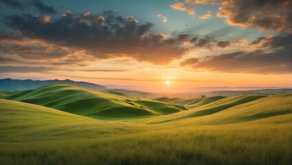 Rolling hills covered in thick grass at sunset. generative AI