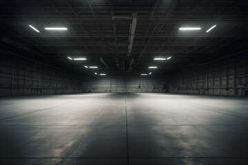 Großer, leerer Hangar, Halle, dunkel, diffuse Beleuchtung, erstellt mit generativer KI - 724043986