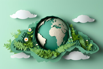 The earth day concept - the earth ball with plants and florals, in style of paper cutout art, top...