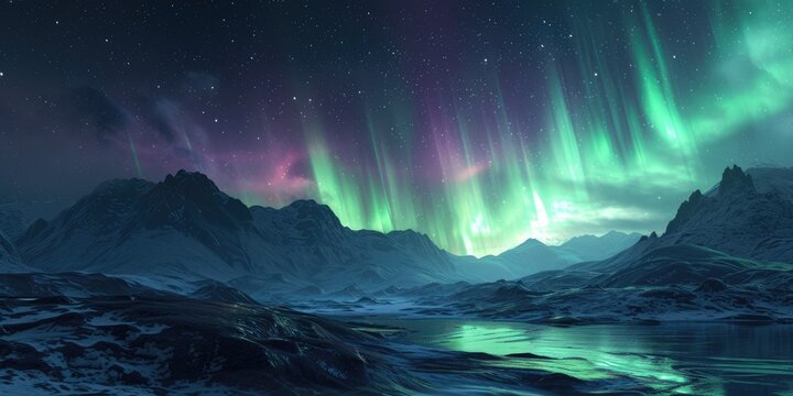 Generative AI, Green and pink northern lights above snowy mountains, winter landscape, aurora and reflection on the water surface © DELstudio