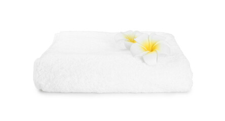 Terry towel and plumeria flowers isolated on white