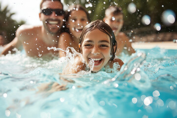 Joyful Family Enjoying a Sunny Summer Day in the Pool