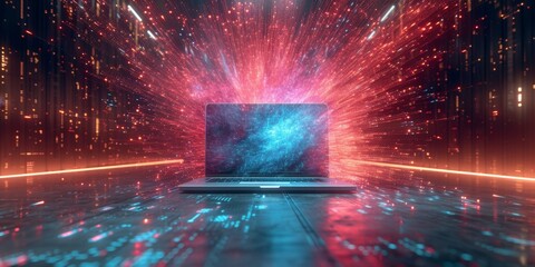 Laptop Emitting Cosmic Particles and Data Icons.