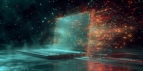 Laptop Emitting Cosmic Particles and Data Icons.