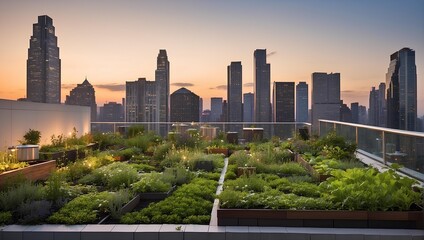 Rooftop garden in a city, skyscrapers in the background, dusk. generative AI