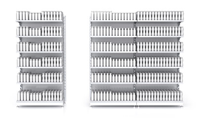 Retail shelf racks with blank dairy products, bottles, design template for mock up. 3d illustration set