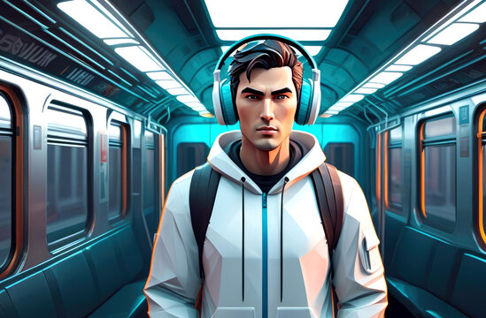 Illustration, a young man standing in a subway car, dressed in light-colored casual clothes. A white man has white headphones  his head, he  listening to music. Computer graphics, illustration design