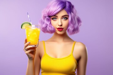 Beautiful woman with purple hair with a cocktail. Woman With Multi-colored Hair on a purple background. Fashionable woman. Fashion, cosmetics and makeup