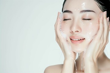 洗顔をする肌の綺麗な日本人女性（スキンケア・美肌・モデル）  - obrazy, fototapety, plakaty