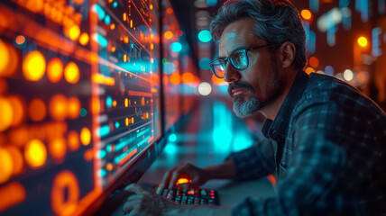 Business analytics, analyst meticulously works on a computer, managing data with KPIs and metrics connected to databases across technology, finance, operations and sales