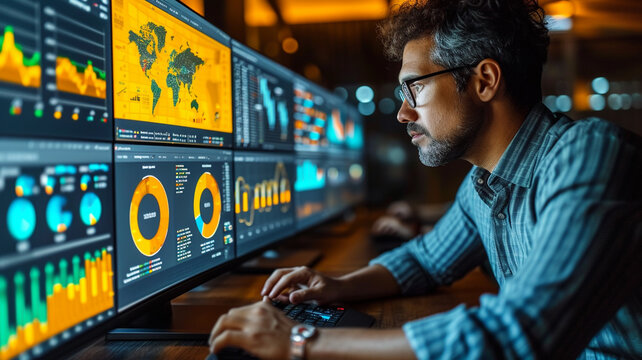 Business analytics, analyst meticulously works on a computer, managing data with KPIs and metrics connected to databases across technology, finance, operations and sales