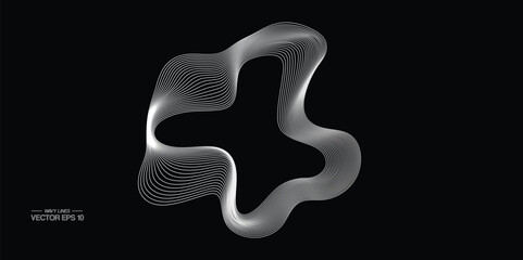 Vector abstract line art wavy flowing dynamic black isolated on transparent background in concept wave, wind, ocean
