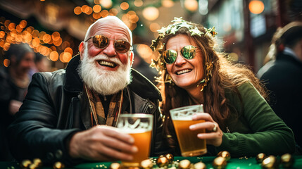 Modern adult man and woman are sitting at street cafe table and drinking beer joyfully celebrating St. Patrick's Day