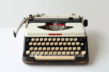 ancienne machine à écrire à rouleau sur fond blanc  - obrazy, fototapety, plakaty