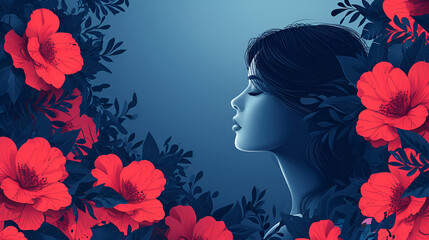 girl with red flowers, aper cut illustration. generative ai 