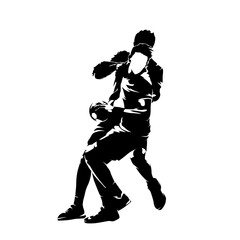 Handball, two players, isolated vector silhouette. Team sport athletes