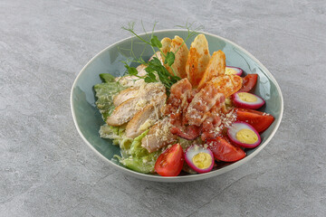 Salmon salad on a stone background studio shooting 3
