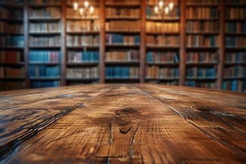 Wooden Table with Blurred Library Background - Powered by Adobe