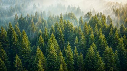 Misty Sunlight Filtering Through a Dense Pine Forest