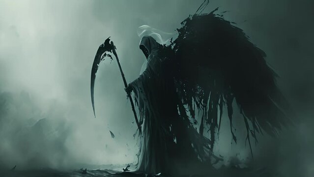 An angel of death dd in a tattered shroud and holding a scythe stands ready to claim the souls of fallen enemies.
