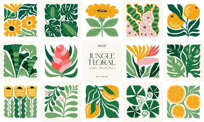 Floral abstract elements. Tropical Botanical composition. Modern trendy Matisse minimal style. Floral poster, invite. Vector arrangements for greeting card or invitation design - obrazy, fototapety, plakaty