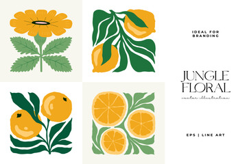 Floral abstract elements. Tropical Botanical composition. Modern trendy Matisse minimal style. Floral poster, invite. Vector arrangements for greeting card or invitation design