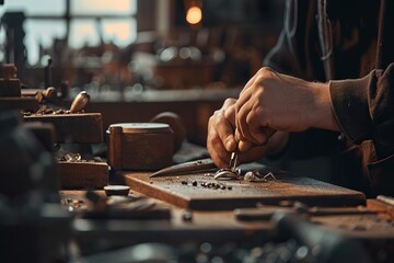 Jeweler's hands expertly crafting a piece of jewelry with tools on a workbench