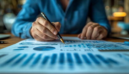 Analytical Professional Examining Graphs: This scene depicts a focused male analyst seated at a desk, holding a pen while attentively studying various graphs and charts spread out before him