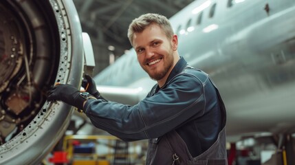 Specialist mechanic repairs the maintenance of large engine of passenger aircraft in hangar
