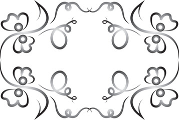 Graphic symmetrical fantasy ornament with flowers. Silver gradient. Ornament of curls and flowers on a transparent background