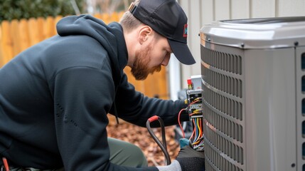 Professional installation of an air conditioning unit - obrazy, fototapety, plakaty