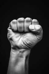 Triumphant Fist or Protest Symbol: Close-Up of a Determined Man's Raised Fist on Black Background