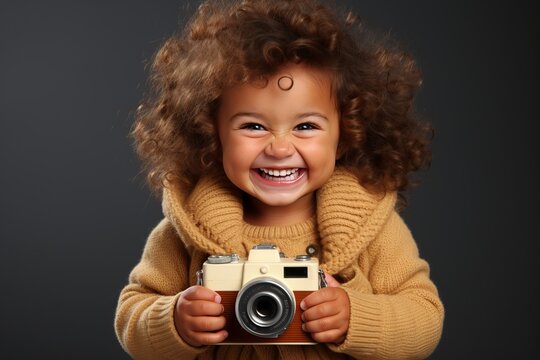 Portrait of a cute little girl holding a camera over grey background