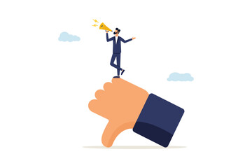 Bad businessman with megaphone discredit and blaming other people on thumb down symbol. Discredit or blame other people, bullying and discourage speaking, fake news or negative feedback concept.