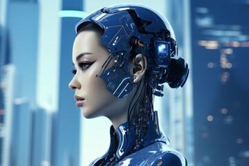 female robot with artificial intelligence head on city background