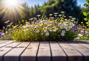 Small summer wildflowers on a wooden floor background, empty copy space, summer day, beautiful natural flowers,
