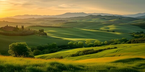 Naklejka premium Golden hour light bathes rolling hills in warmth. tranquil landscape beckons relaxation. ideal for calm and nature themes. AI