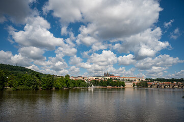 Fototapeta na wymiar Panoramic view above at Charles Bridge Prague Castle and river Vltava Prague Czech Republic.