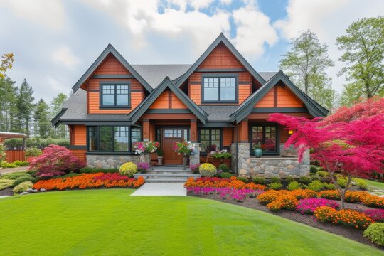 A beautiful house with a big garden and colorful flowers