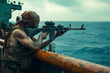 Sea soldier with rifle. A crew member armed with a gun is watching for pirates from an oil ship - obrazy, fototapety, plakaty