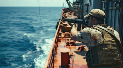 Fototapeta premium Sea soldier with rifle. A crew member armed with a gun is watching for pirates from an oil ship