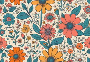 vector flat logo illustration, trendy floral seamless illustration. Vintage floral background in 70s style.