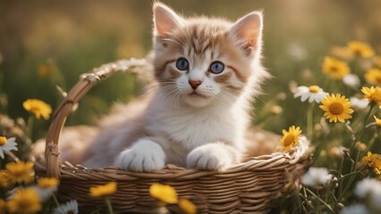 little kitten in the basket A precious kitten with a delicate chaplet of daisies, nestled in a handwoven basket, 