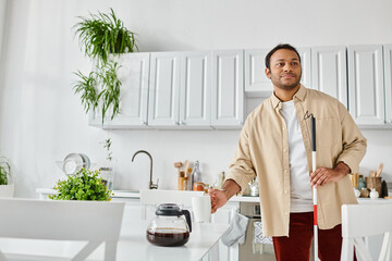 attractive indian man with visual impairment using walking stick and holding coffee while in kitchen