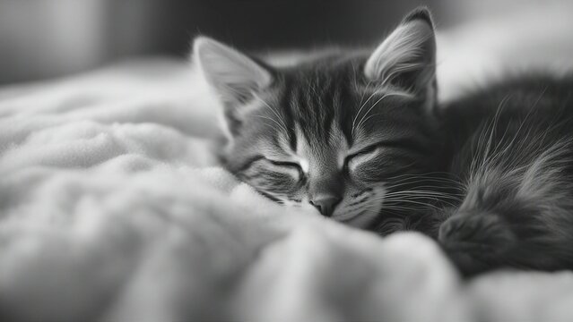 cat sleeping on the bed black and white photo Cute little red kitten sleeps on fur white blanket 